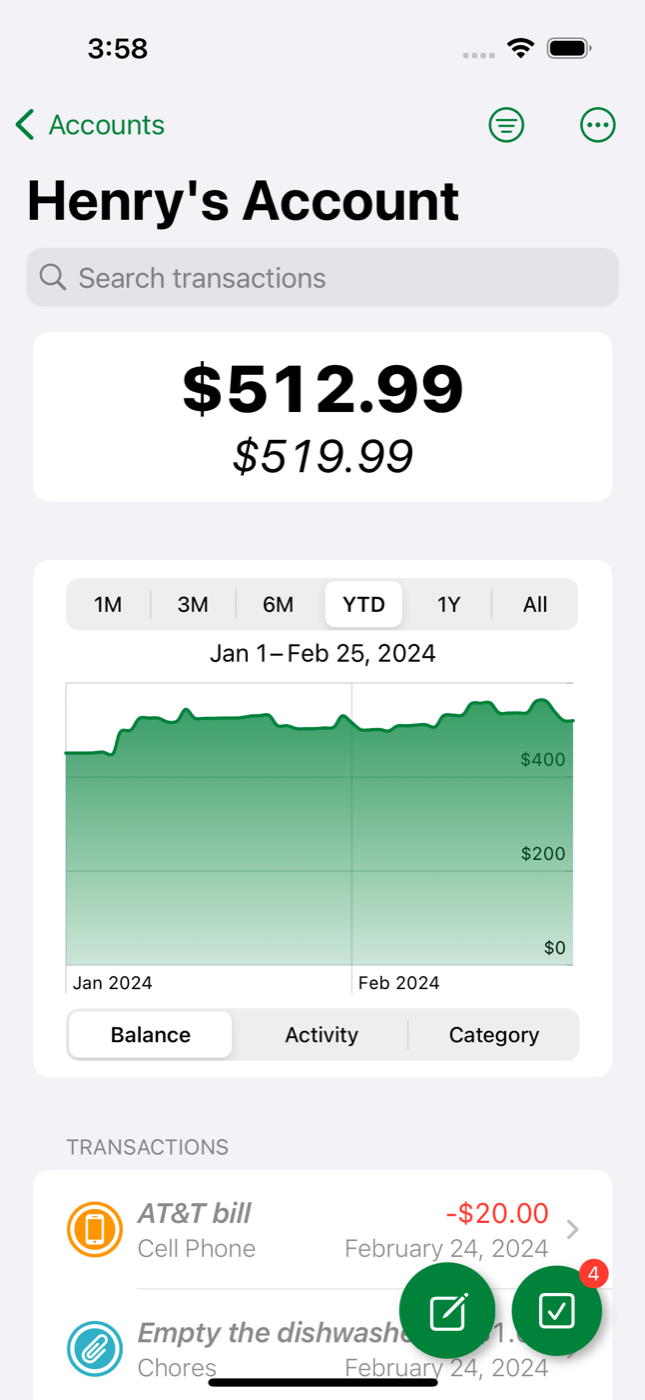 Dollar & Sense iPhone account detail screen with balance totals, a chart range selector, and transactions.