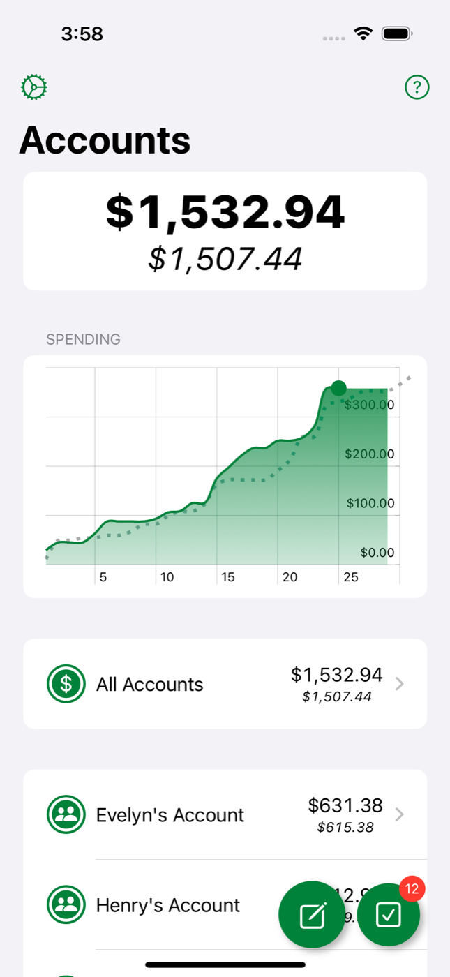 Dollar & Sense iPhone accounts overview with balances and chart history