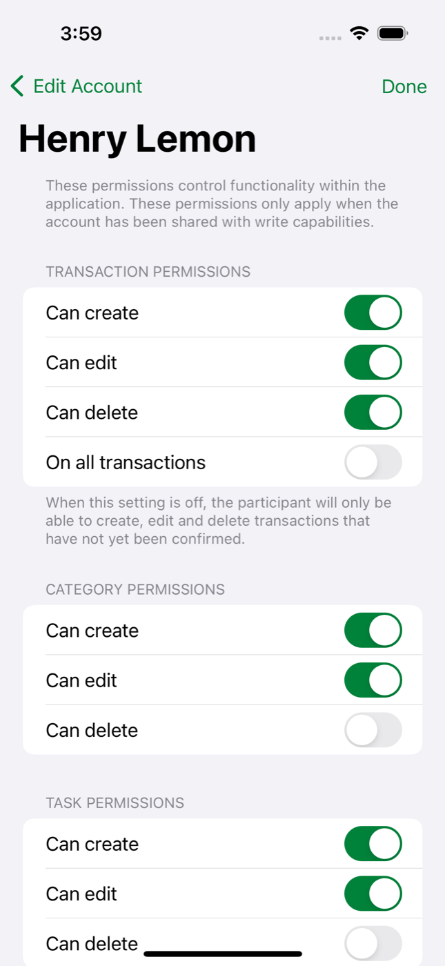 Dollar & Sense iPhone participant permissions screen with toggles for transaction, category, and task access.