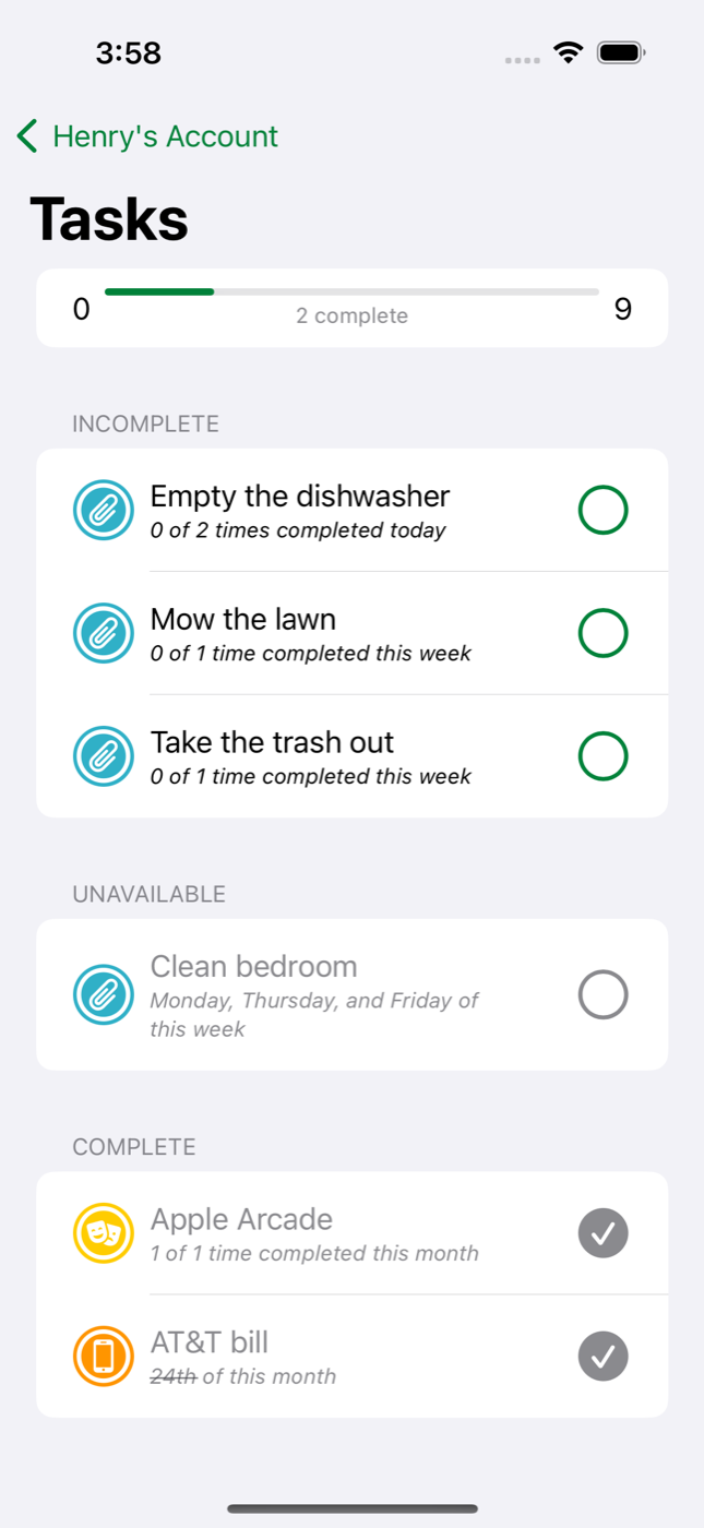 Dollar & Sense iPhone tasks view showing incomplete chores and progress
