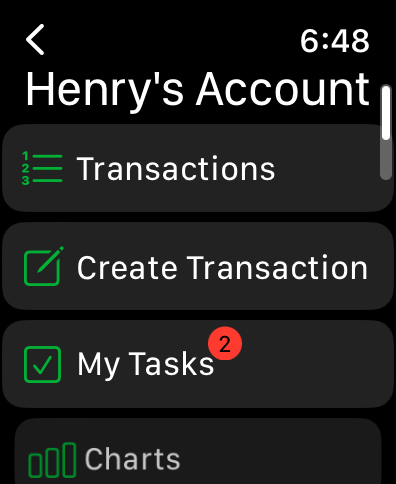 Dollar & Sense Apple Watch screen for an account with menu options for transactions, create transaction, and tasks.