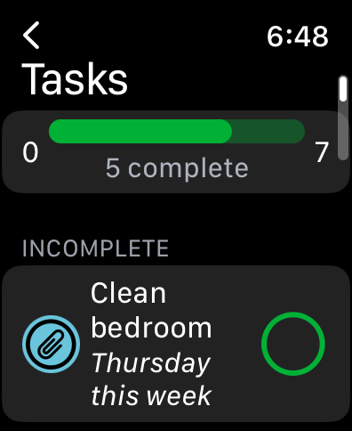 Dollar & Sense Apple Watch tasks screen showing chore progress